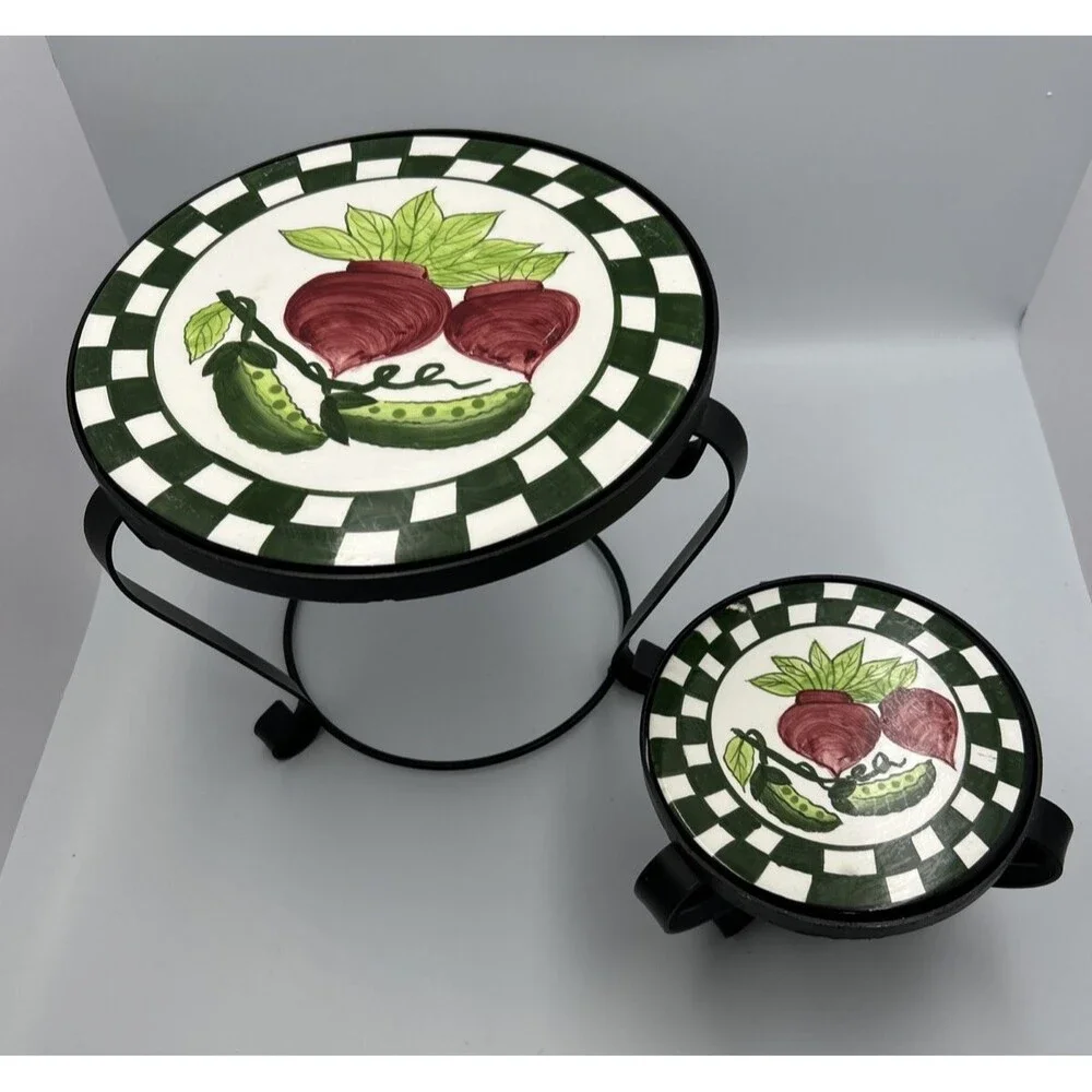 Ceramic Tile Trivet Plant Stands Set of 2 Vegetable Black Metal Farmhouse Decor